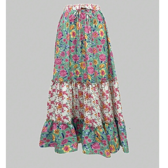 Boho Mint Floral Print Ruffle Hem Maxi Skirt - Picture 4 of 5